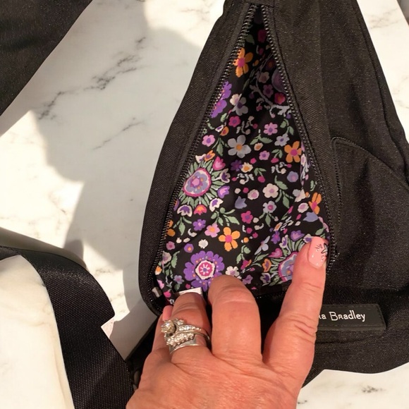 Vera Bradley Handbags - Vera Bradley Lighten Up Essential Sling Bag - Black with Floral Interior NWT